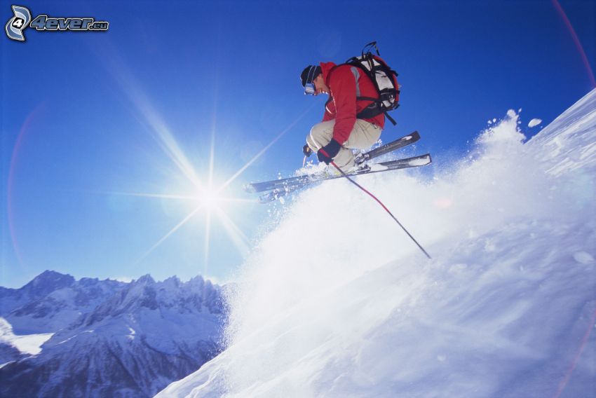 extreme skiing, jumping on the ski, snow, sun