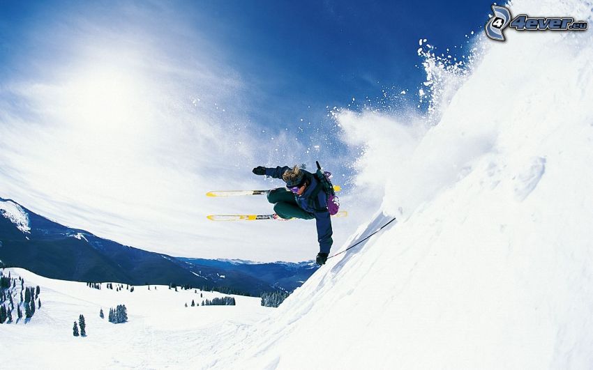 extreme skiing, jumping on the ski, snow, sun