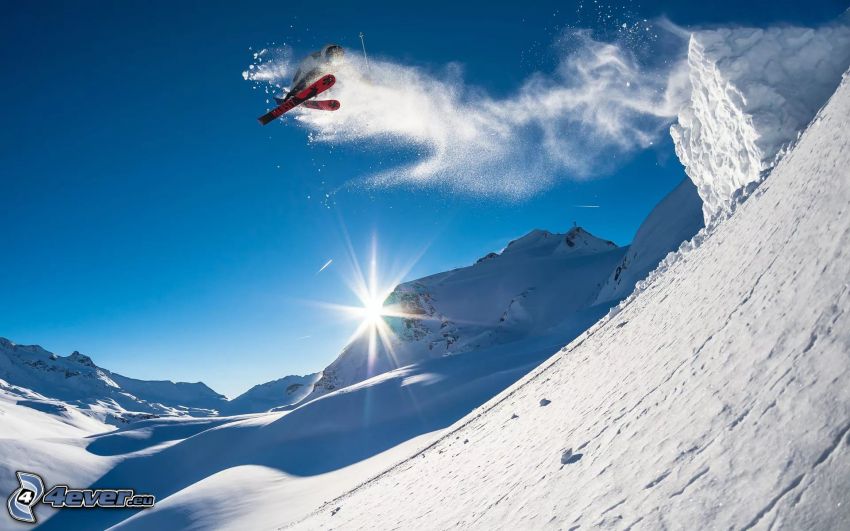 extreme skiing, jumping on the ski, snowy mountains