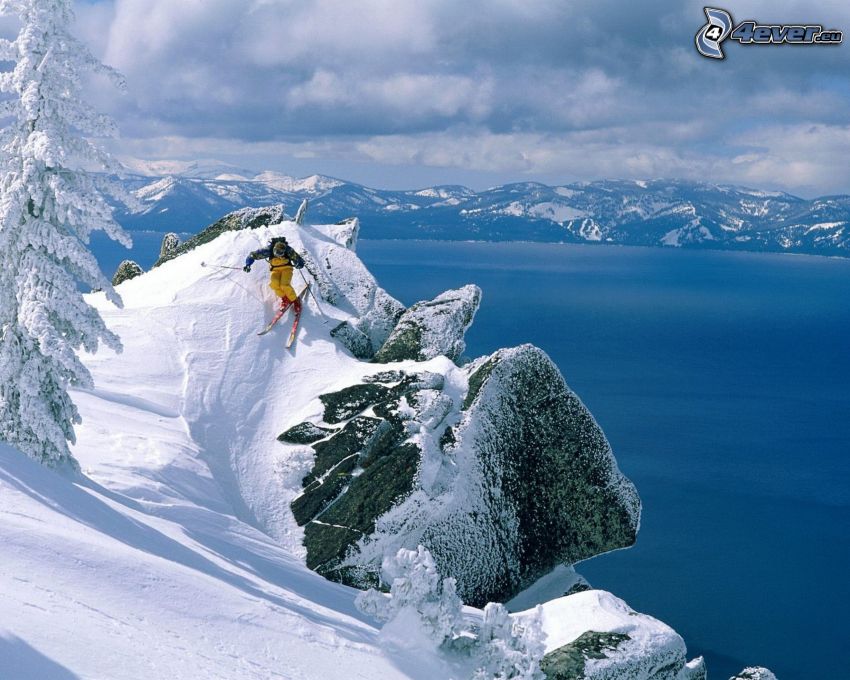 extreme skiing, lake, snowy mountains