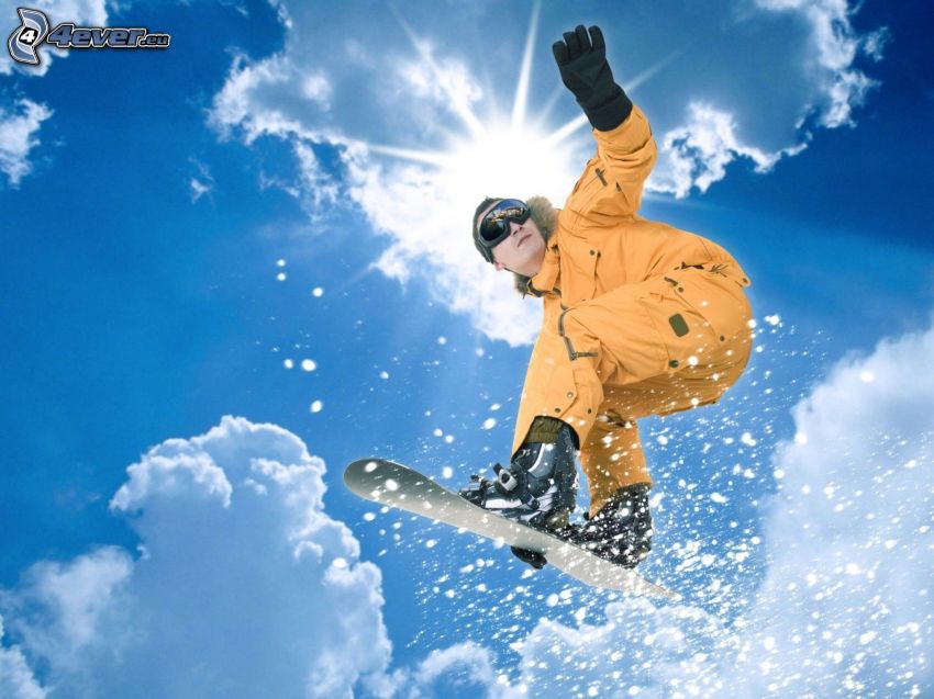 extreme snowboarding, jump, clouds, sun