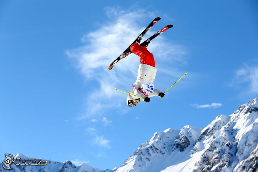 jumping on the ski, extreme skiing, acrobatics