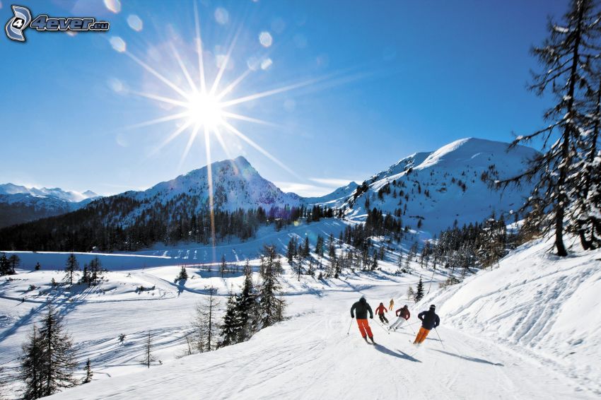 ski slope, skiers, sun, snowy hills