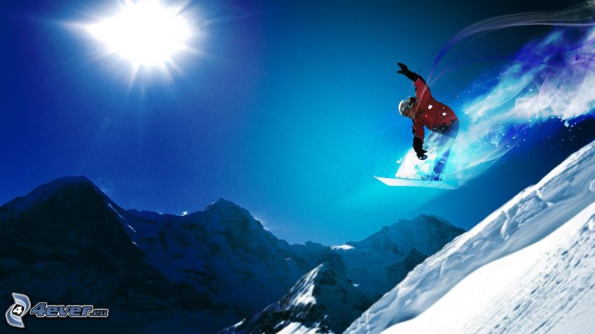 snowboarding, jump, snowy mountains, sun
