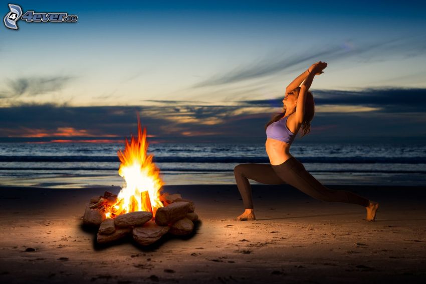 yoga, warming up, fire, sandy beach, open sea