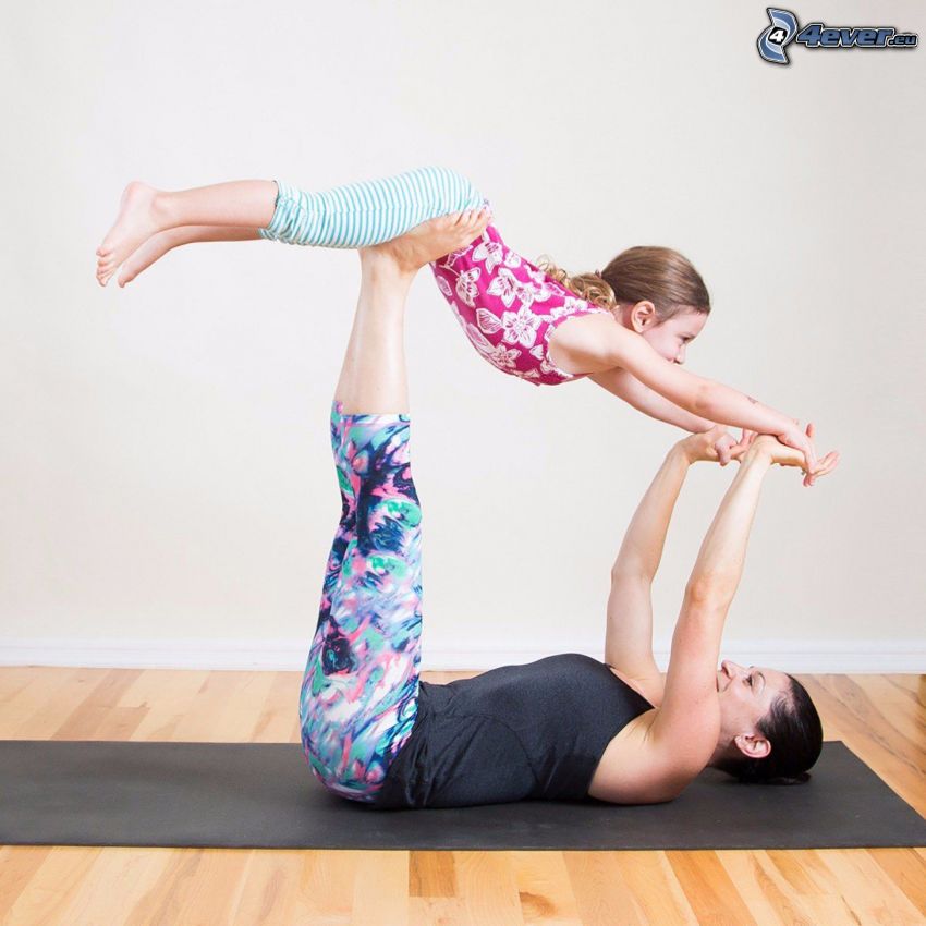 yoga, warming up, girl, baby with mother