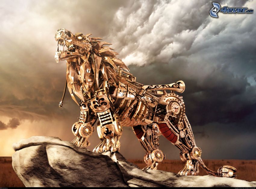 lion, robot, mechanical animal, clouds