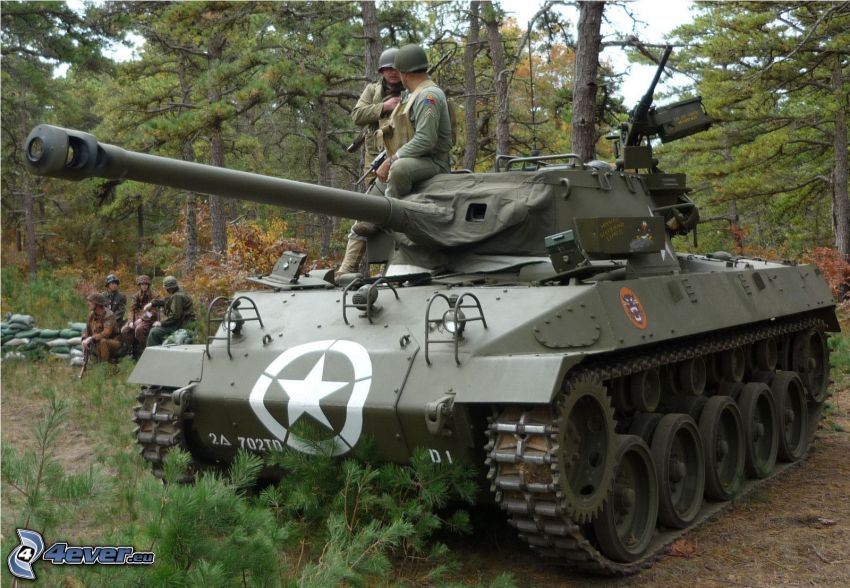 M18 Hellcat, tank, soldiers, coniferous forest