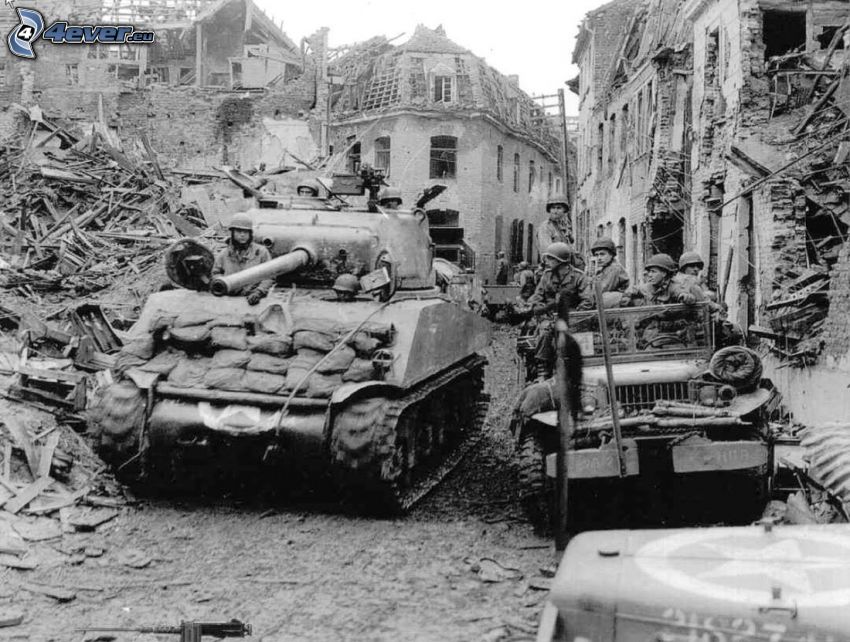 M18 Hellcat, tanks, ruined city, old photographs, black and white photo
