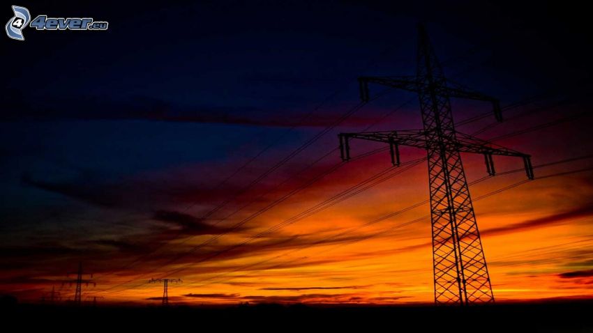 power lines, after sunset, orange sky