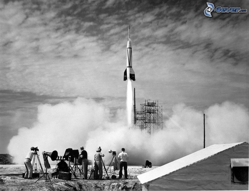V2, missile, launch of rocket, black and white photo
