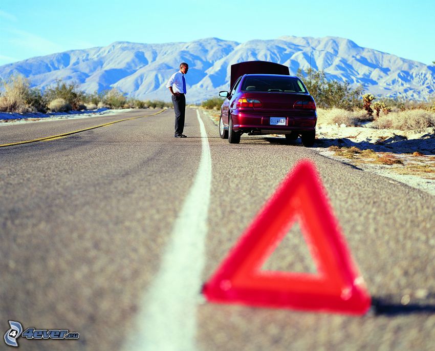 accident, road, triangle, mountains, car