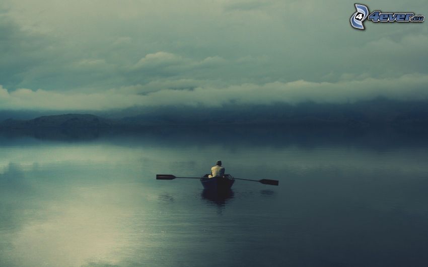 boat at sea, clouds, fog