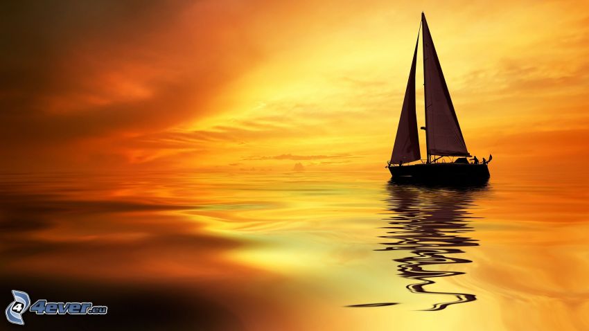 boat at sea, orange sky