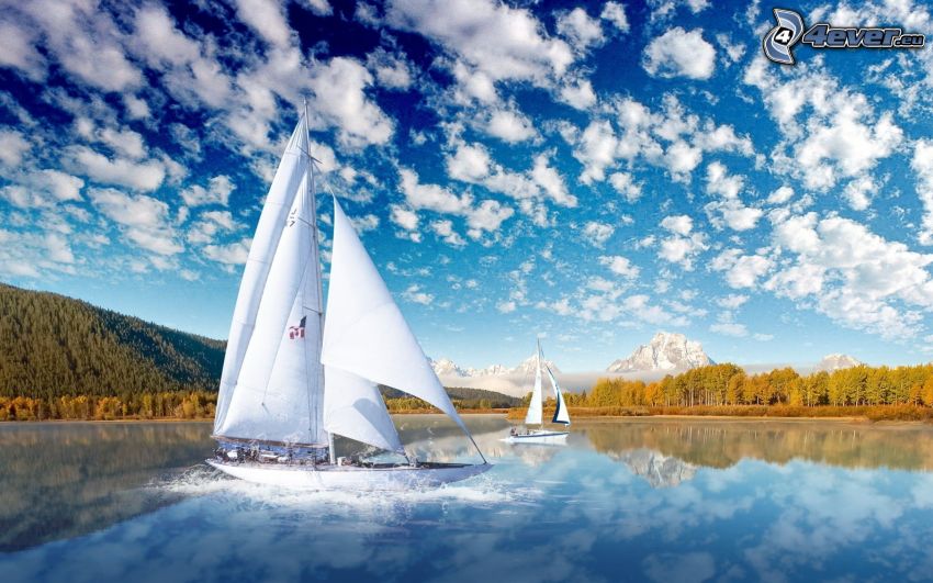 boats on the lake, clouds