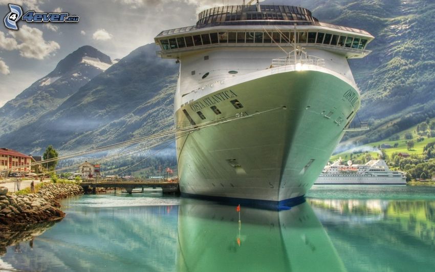 cruise ship, River, hills, HDR