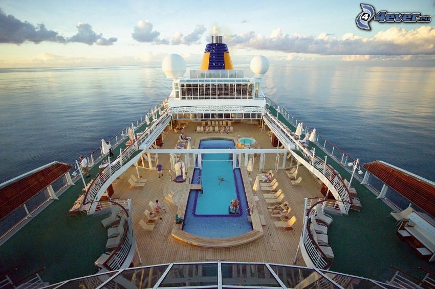 luxury ship, open sea, clouds, pool