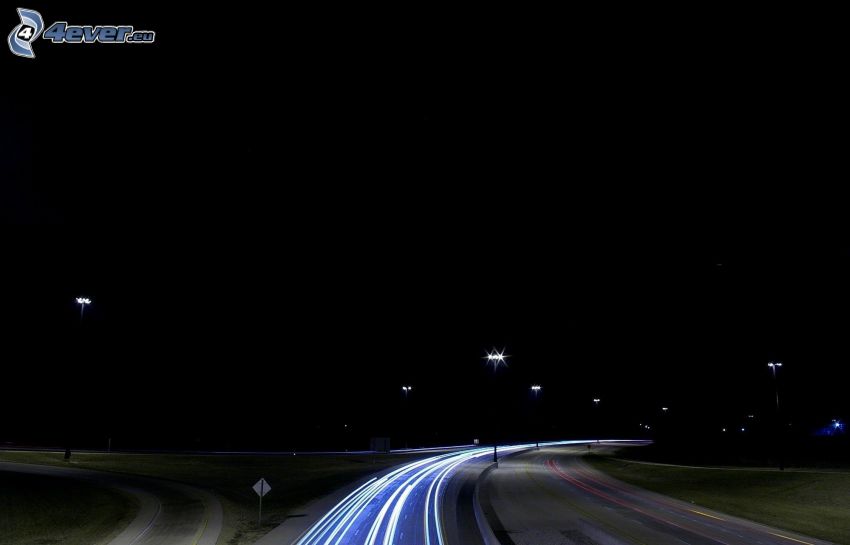 night route, lights, road curve, night