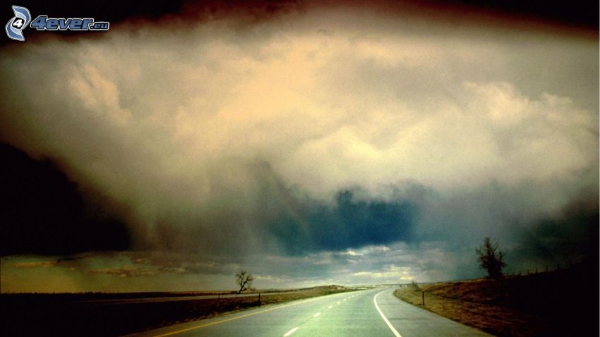 road, dark clouds