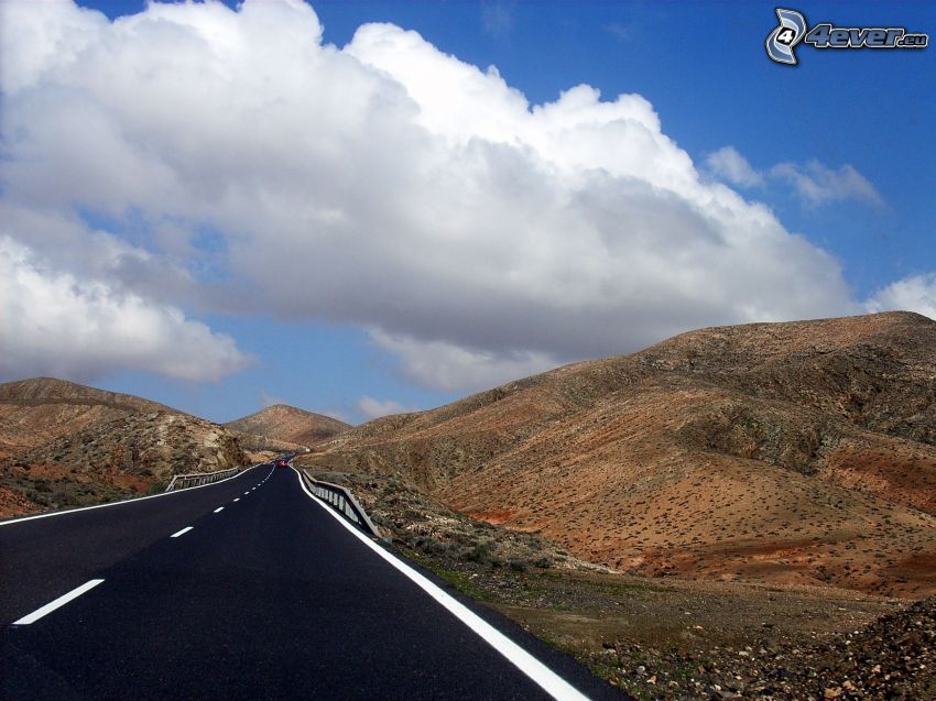 road, hills, clouds