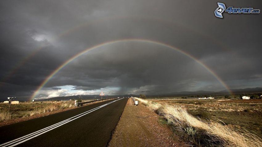 road, rainbow, dark clouds