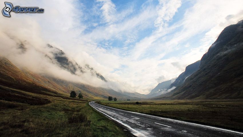 road, road curve, mountains, clouds