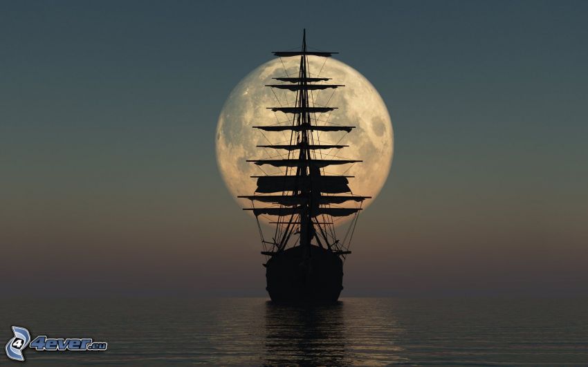 sailing boat, Moon, sea, silhouette