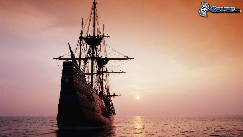 sailing boat, ship, sunset behind the sea