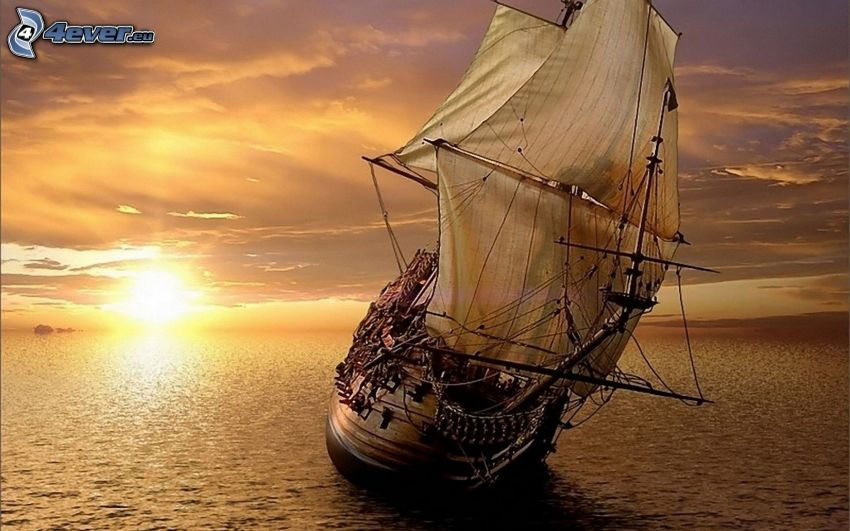 sailing boat, sunset behind the sea