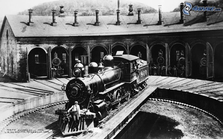 steam locomotive, black and white photo
