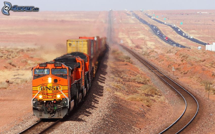 freight train, rails, highway, USA