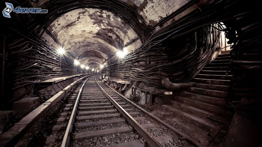 rails, railway tunnel, stairs, subway