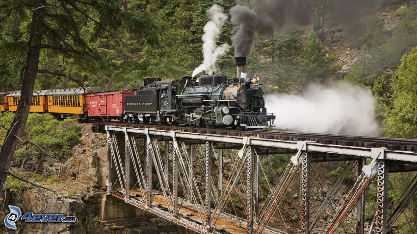 steam train, iron bridge