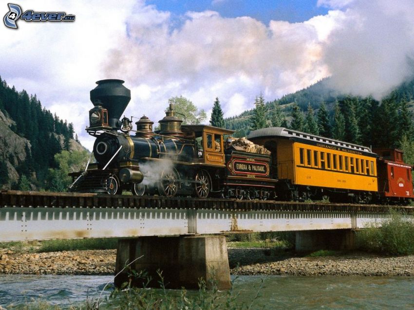 steam train, Jupiter, railway bridge, River, clouds