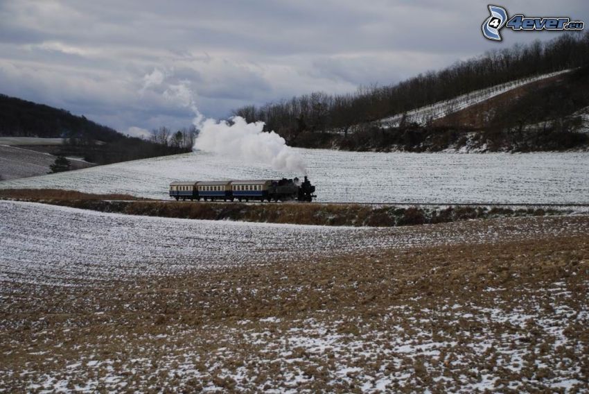 steam train, snowy field