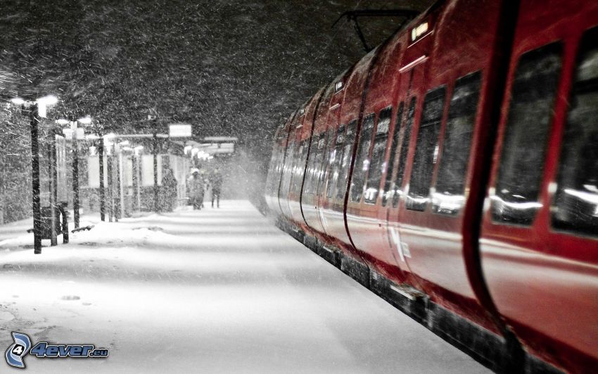 train, railway station, snow