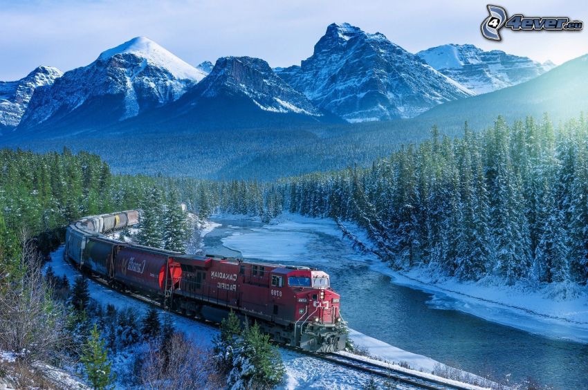 train, snowy mountains, coniferous forest, River