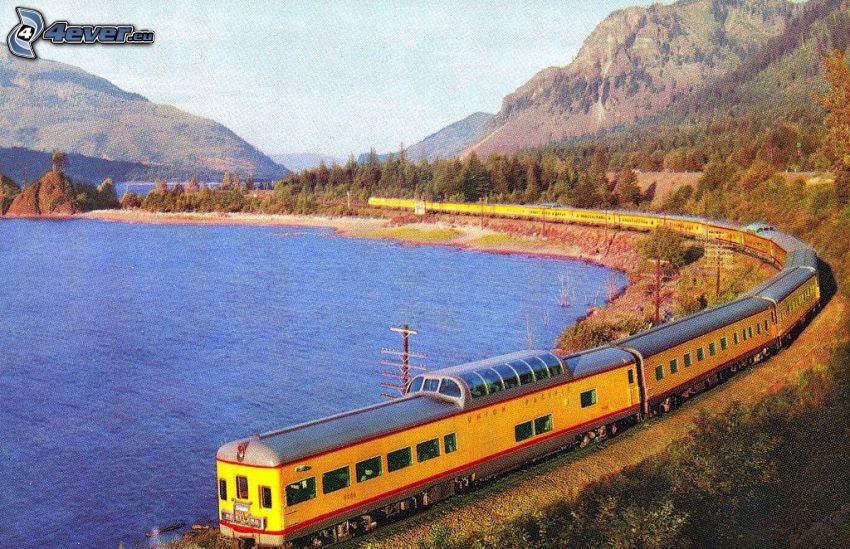 Union Pacific, train, lake, mountains