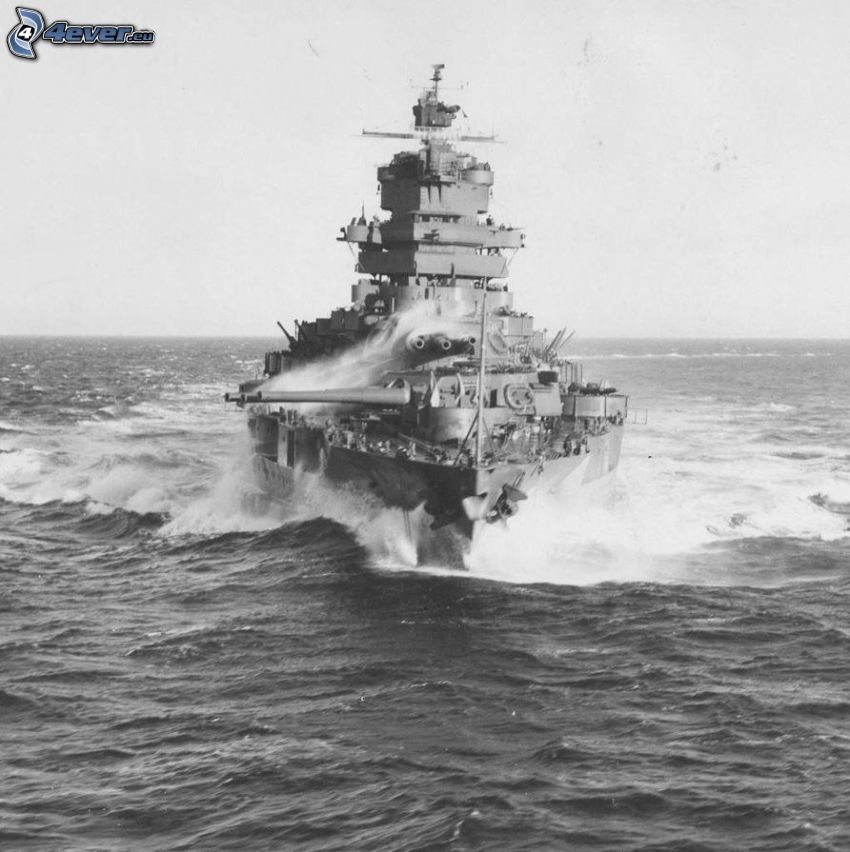 USS Idaho, open sea, black and white photo
