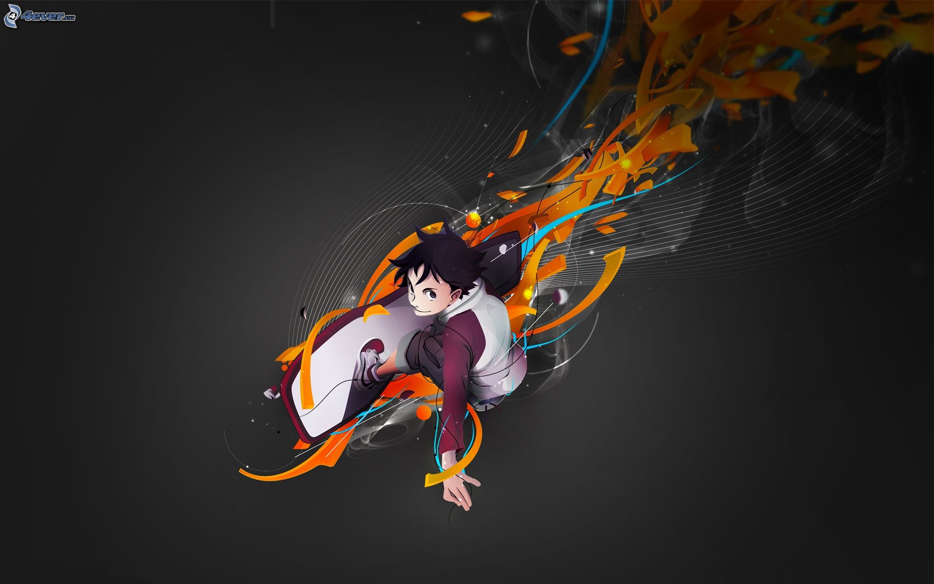 An anime boy riding a skateboard in fire