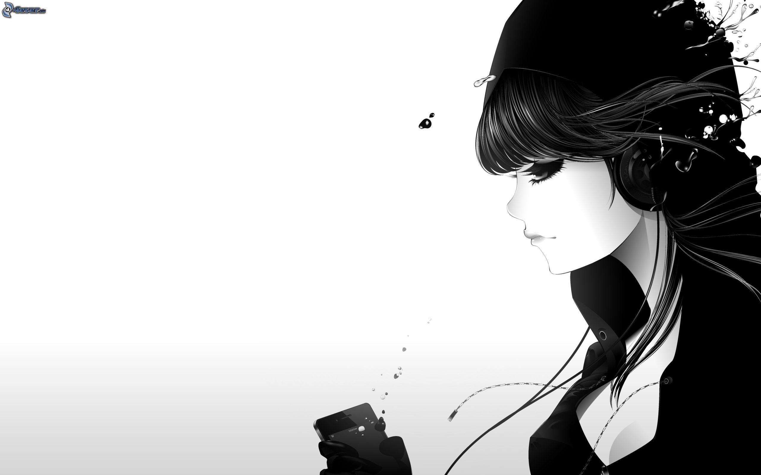 black and white anime girl with headphones